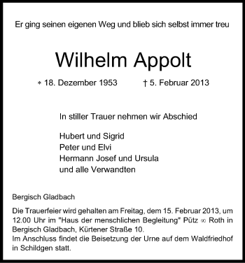 Anzeige von Wilhelm Appolt von Kölner Stadt-Anzeiger / Kölnische Rundschau / Express