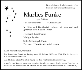 Anzeige von Marlies Funke von Kölner Stadt-Anzeiger / Kölnische Rundschau / Express