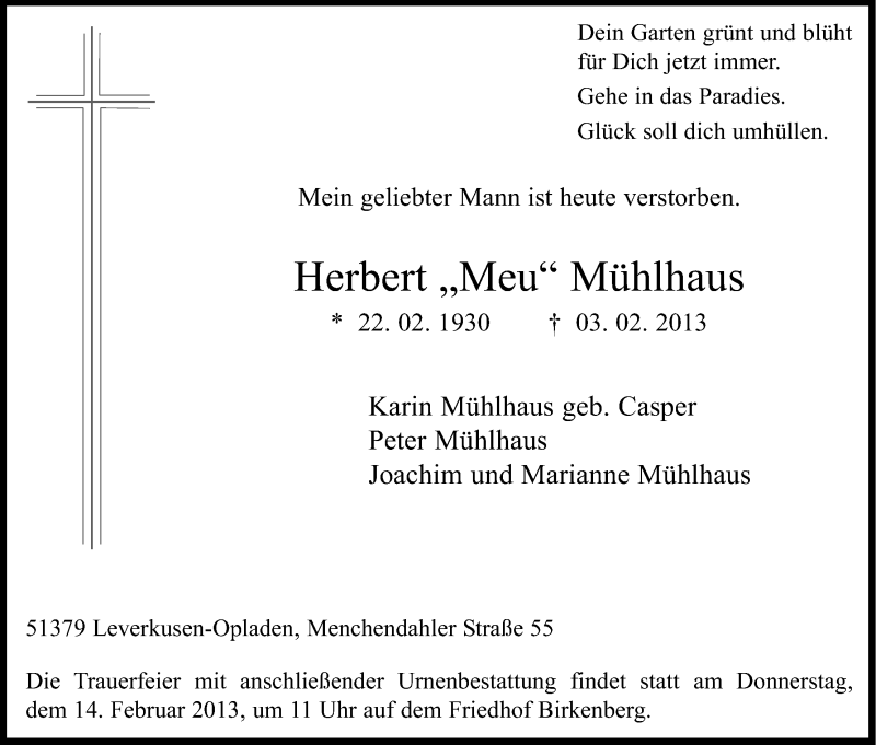  Traueranzeige für Herbert Mühlhaus vom 09.02.2013 aus Kölner Stadt-Anzeiger / Kölnische Rundschau / Express