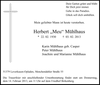 Anzeige von Herbert Mühlhaus von Kölner Stadt-Anzeiger / Kölnische Rundschau / Express