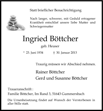 Anzeige von Ingried Böttcher von Kölner Stadt-Anzeiger / Kölnische Rundschau / Express