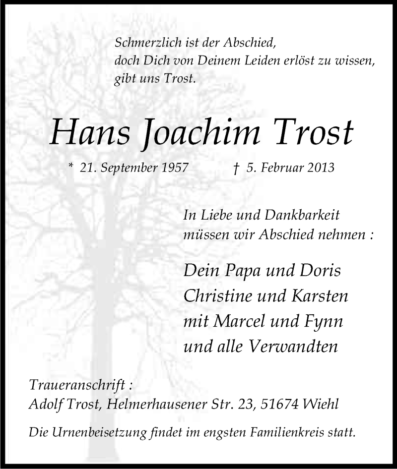  Traueranzeige für Hans Joachim Trost vom 09.02.2013 aus Kölner Stadt-Anzeiger / Kölnische Rundschau / Express