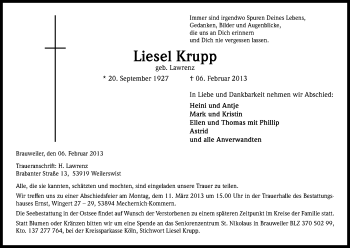 Anzeige von Liesel Krupp von Kölner Stadt-Anzeiger / Kölnische Rundschau / Express