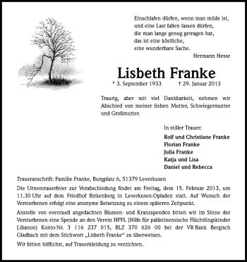 Anzeige von Lisbeth Franke von Kölner Stadt-Anzeiger / Kölnische Rundschau / Express