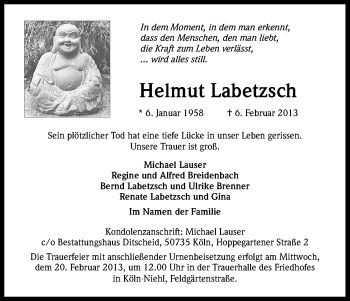 Anzeige von Helmut Labetzsch von Kölner Stadt-Anzeiger / Kölnische Rundschau / Express