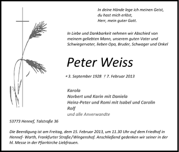Anzeige von Peter Weiss von Kölner Stadt-Anzeiger / Kölnische Rundschau / Express