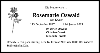 Anzeige von Rosemarie Oswald von Kölner Stadt-Anzeiger / Kölnische Rundschau / Express