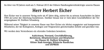 Anzeige von Herbert Eicher von Kölner Stadt-Anzeiger / Kölnische Rundschau / Express