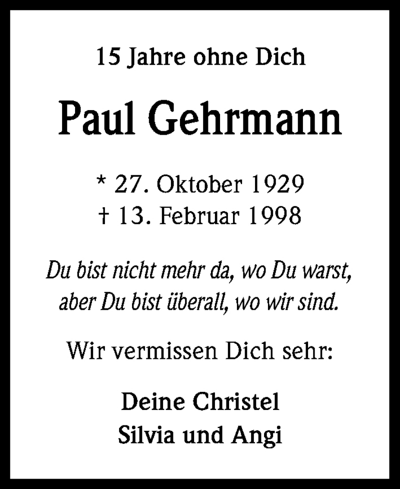  Traueranzeige für Paul Gehrmann vom 13.02.2013 aus Kölner Stadt-Anzeiger / Kölnische Rundschau / Express