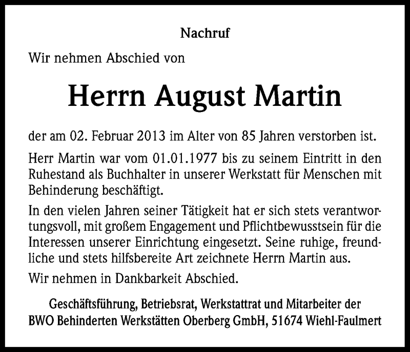  Traueranzeige für August Martin vom 09.02.2013 aus Kölner Stadt-Anzeiger / Kölnische Rundschau / Express