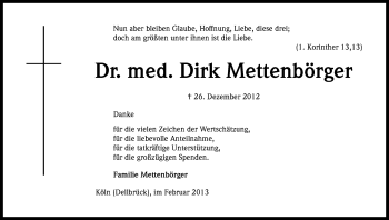 Anzeige von Dirk Mettenbörger von Kölner Stadt-Anzeiger / Kölnische Rundschau / Express