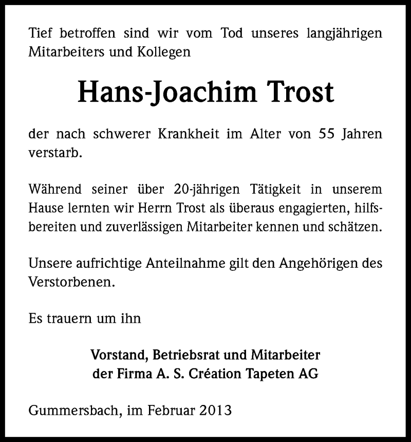  Traueranzeige für Hans-Joachim Trost vom 09.02.2013 aus Kölner Stadt-Anzeiger / Kölnische Rundschau / Express