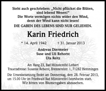 Anzeige von Karin Friedrich von Kölner Stadt-Anzeiger / Kölnische Rundschau / Express