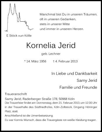 Anzeige von Kornelia Jerid von Kölner Stadt-Anzeiger / Kölnische Rundschau / Express