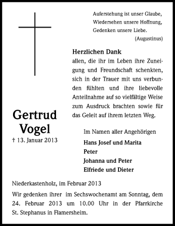 Anzeige von Gertrud Vogel von Kölner Stadt-Anzeiger / Kölnische Rundschau / Express