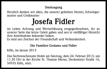 Anzeige von Josefa Fidler von Kölner Stadt-Anzeiger / Kölnische Rundschau / Express