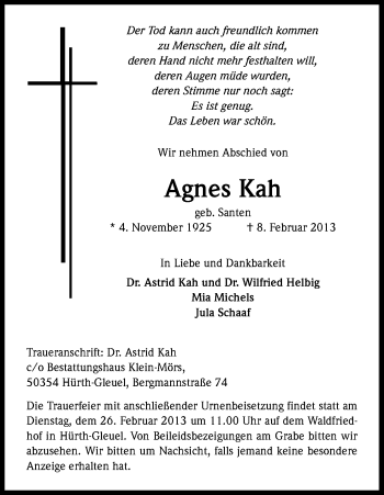 Anzeige von Agnes Kah von Kölner Stadt-Anzeiger / Kölnische Rundschau / Express