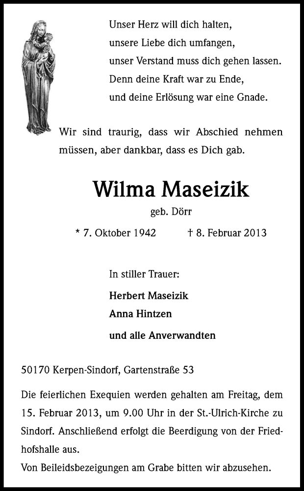  Traueranzeige für Wilma Maseizik vom 09.02.2013 aus Kölner Stadt-Anzeiger / Kölnische Rundschau / Express