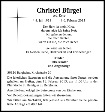 Anzeige von Christel Bürgel von Kölner Stadt-Anzeiger / Kölnische Rundschau / Express