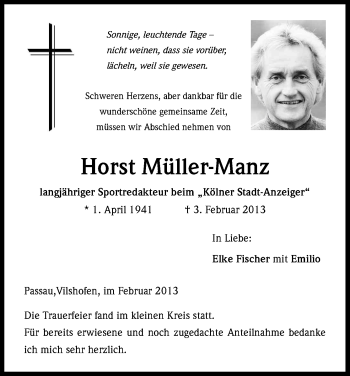 Anzeige von Horst Müller-Manz von Kölner Stadt-Anzeiger / Kölnische Rundschau / Express