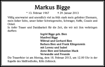 Anzeige von Markus Bigge von Kölner Stadt-Anzeiger / Kölnische Rundschau / Express