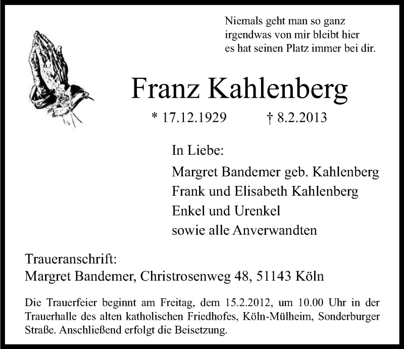  Traueranzeige für Franz Kahlenberg vom 13.02.2013 aus Kölner Stadt-Anzeiger / Kölnische Rundschau / Express
