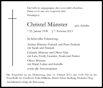 Anzeige von Christel Münster von Kölner Stadt-Anzeiger / Kölnische Rundschau / Express