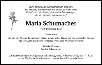 Anzeige von Maria Schumacher von Kölner Stadt-Anzeiger / Kölnische Rundschau / Express