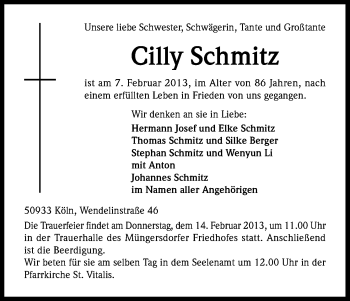 Anzeige von Cilly Schmitz von Kölner Stadt-Anzeiger / Kölnische Rundschau / Express