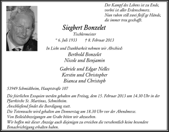 Anzeige von Siegbert Bonzelet von Kölner Stadt-Anzeiger / Kölnische Rundschau / Express
