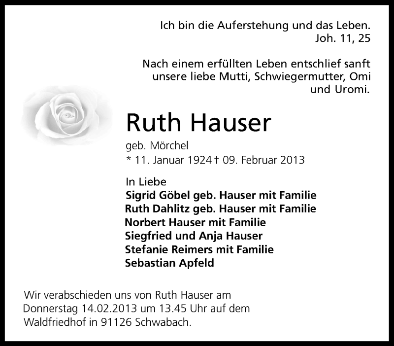  Traueranzeige für Ruth Hauser vom 13.02.2013 aus Kölner Stadt-Anzeiger / Kölnische Rundschau / Express