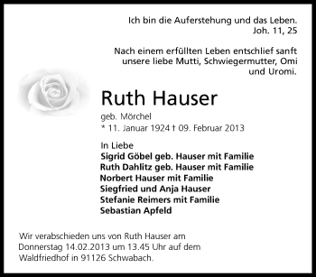 Anzeige von Ruth Hauser von Kölner Stadt-Anzeiger / Kölnische Rundschau / Express