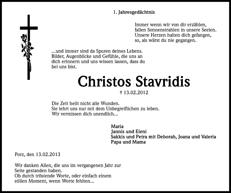  Traueranzeige für Christos Stavridis vom 13.02.2013 aus Kölner Stadt-Anzeiger / Kölnische Rundschau / Express
