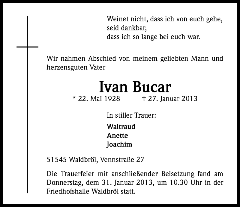  Traueranzeige für Ivan Bucar vom 13.02.2013 aus Kölner Stadt-Anzeiger / Kölnische Rundschau / Express