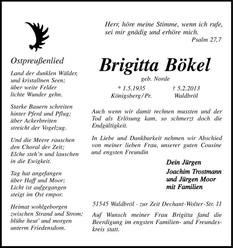  Traueranzeige für Brigitta Bökel vom 16.02.2013 aus Kölner Stadt-Anzeiger / Kölnische Rundschau / Express