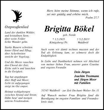 Anzeige von Brigitta Bökel von Kölner Stadt-Anzeiger / Kölnische Rundschau / Express