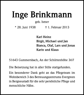 Anzeige von Inge Brinkmann von Kölner Stadt-Anzeiger / Kölnische Rundschau / Express