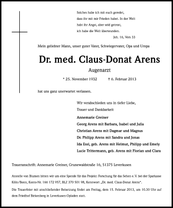 Anzeige von Claus-Donat Arens von Kölner Stadt-Anzeiger / Kölnische Rundschau / Express