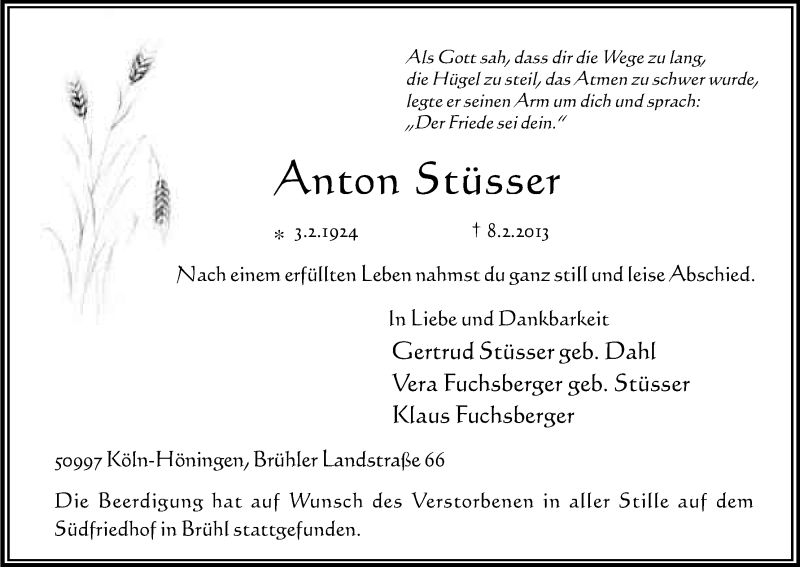  Traueranzeige für Anton Stüsser vom 20.02.2013 aus Kölner Stadt-Anzeiger / Kölnische Rundschau / Express