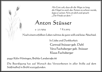 Anzeige von Anton Stüsser von Kölner Stadt-Anzeiger / Kölnische Rundschau / Express