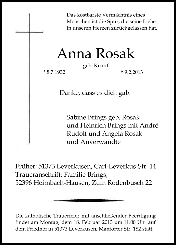  Traueranzeige für Anna Rosak vom 13.02.2013 aus Kölner Stadt-Anzeiger / Kölnische Rundschau / Express