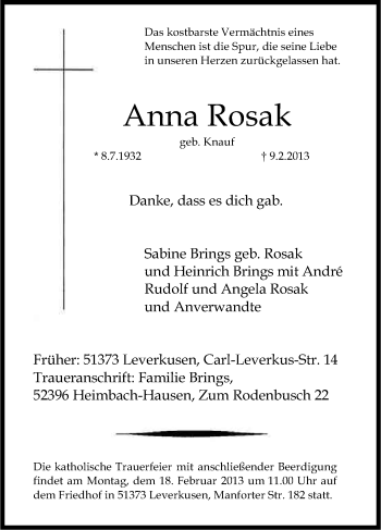 Anzeige von Anna Rosak von Kölner Stadt-Anzeiger / Kölnische Rundschau / Express