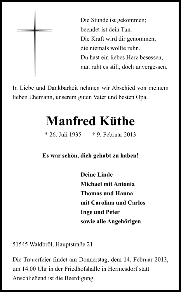  Traueranzeige für Manfred Küthe vom 13.02.2013 aus Kölner Stadt-Anzeiger / Kölnische Rundschau / Express