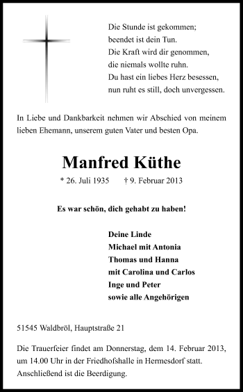 Anzeige von Manfred Küthe von Kölner Stadt-Anzeiger / Kölnische Rundschau / Express