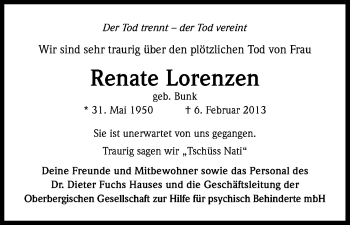 Anzeige von Renate Lorenzen von Kölner Stadt-Anzeiger / Kölnische Rundschau / Express