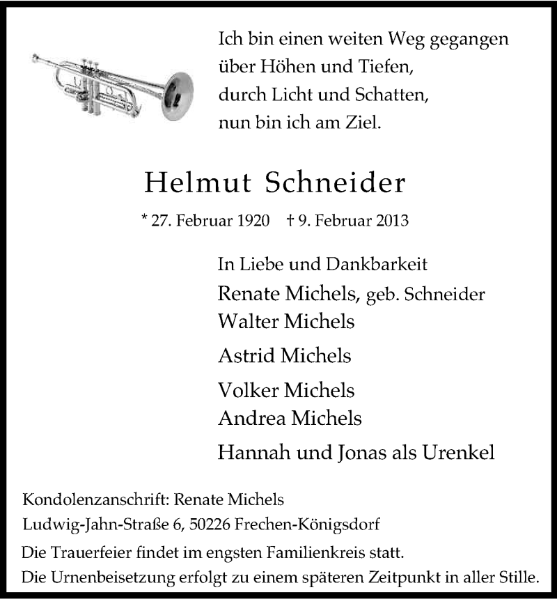  Traueranzeige für Helmut Schneider vom 16.02.2013 aus Kölner Stadt-Anzeiger / Kölnische Rundschau / Express