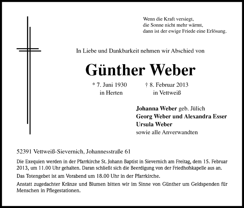  Traueranzeige für Günther Weber vom 13.02.2013 aus Kölner Stadt-Anzeiger / Kölnische Rundschau / Express