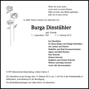 Anzeige von Burga Dinstühler von Kölner Stadt-Anzeiger / Kölnische Rundschau / Express