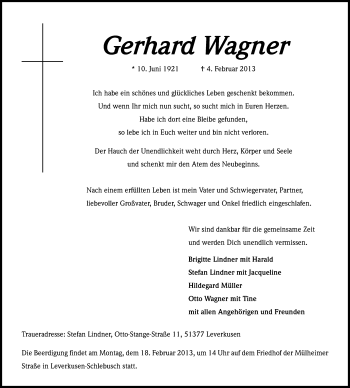 Anzeige von Gerhard Wagner von Kölner Stadt-Anzeiger / Kölnische Rundschau / Express