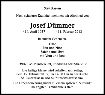 Anzeige von Josef Dümmer von Kölner Stadt-Anzeiger / Kölnische Rundschau / Express